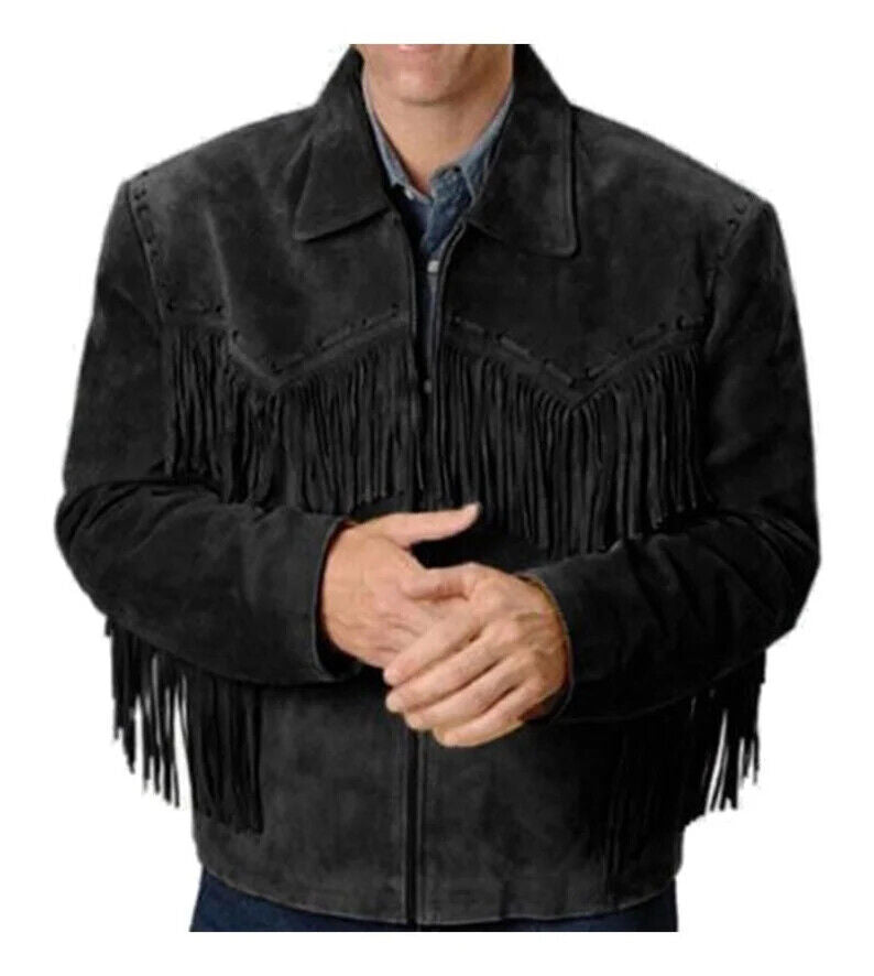Men's Black suede leather Fringe Western  jacket