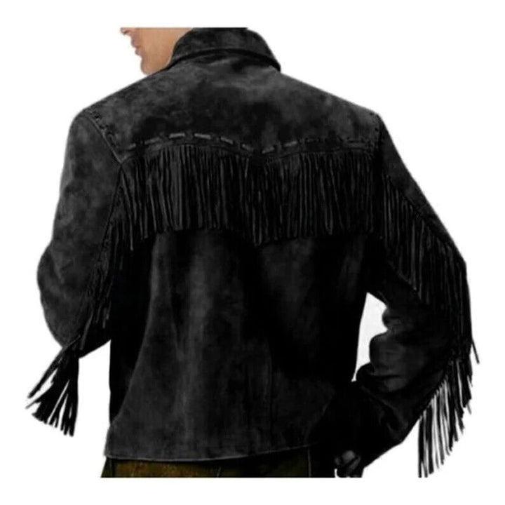 Men's Black suede leather Fringe Western  jacket